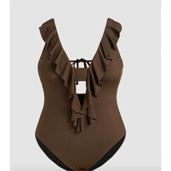 Cider Brown WITH RUFFLE V-Neck One Piece Swimsuit 1X NWOT - Picture 1 of 6